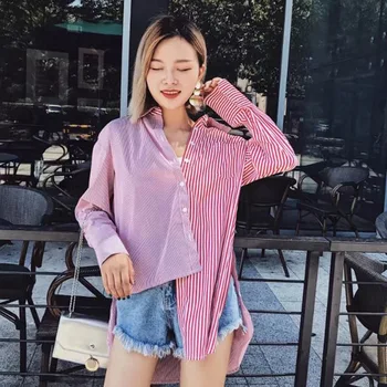 

2020 Women Striped Patchwork Spring Autumn Long Sleeve Asymmetrical Casual Long Blouse Shirt Ladies Top