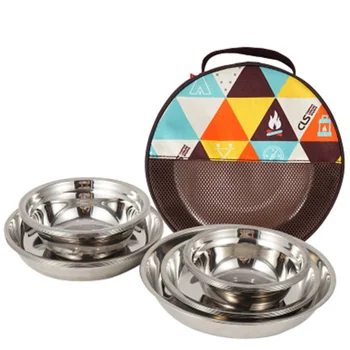 

1 Set of Stainless Steel Compact Metal Dinning Set Tableware Plates Bowls for Outdoor Hiking Yards