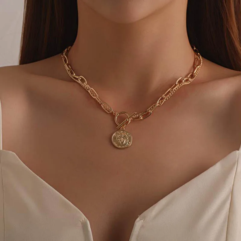 Gold Chain Choker Necklace Charms Bijoux Chunky-Link Statement-Collar Layered Femme Women
