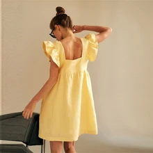 

Muiches Casual Square Collar Butterfly Sleeve Mini Sweet Dress Woman Backless High Waist Loose Linen Solid Dress 2021 Summer