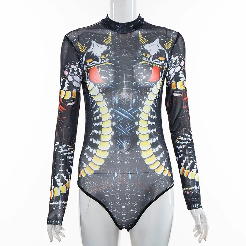 Fashion Womens Retro Mesh Sheer Bodysuits Tops Long Sleeve Bodycon Jumpsuits Turtleneck Female Sexy Party Club Wear