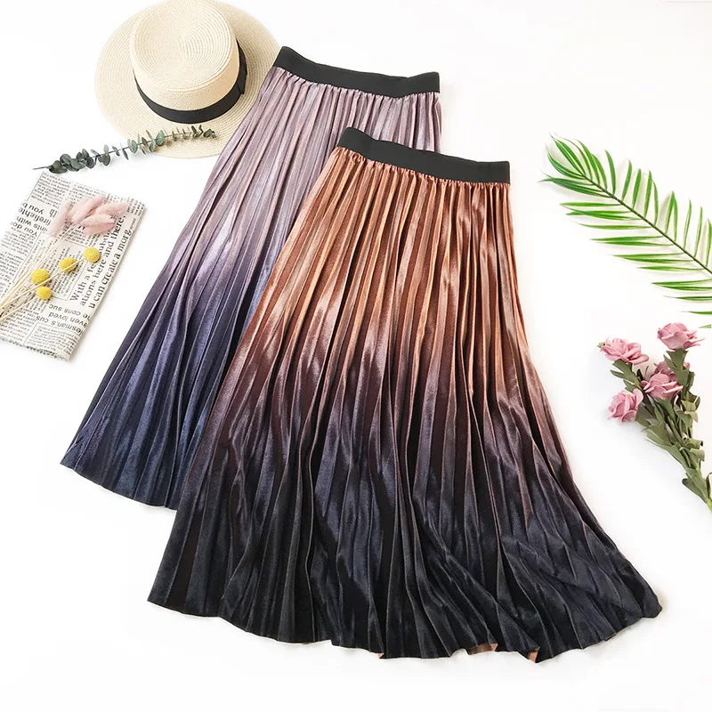 Высокая талия плиссированные юбки женские 2019 осень зима градиент бархат
