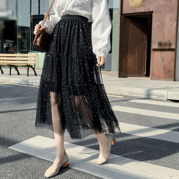 

Tulle Women Skirt Summer Autumn Temperament High Waist Long Paragraph Pleated Sequin Half-Length Mesh Elegant A-Line Skirt