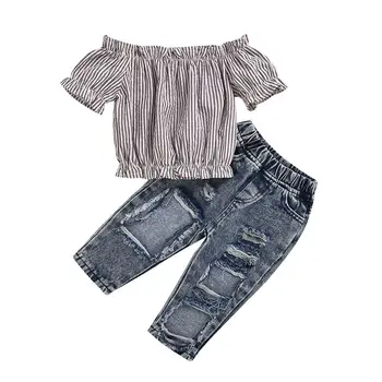 

Baby Girls Kids Off Shoulder Striped Tops + Ripped Jeans Pants Summer Clothes