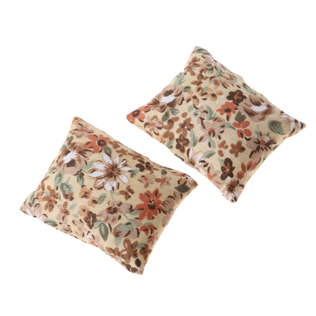 2 Pieces 1/12 Scale Floral Pillow Cushion For Doll House Sofa Bed Accessory