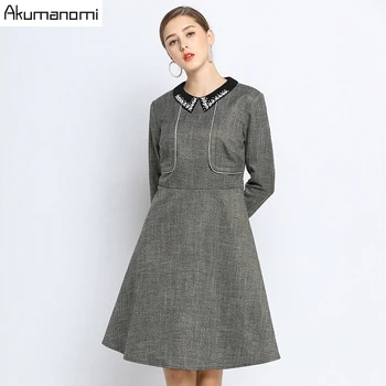 

Autumn Spring Plaid Gray Dress Women Plus Size 5xl 4XL Turn-down Collar Long Sleeve Office Elegant Dresses Vestidos Robe Jurken