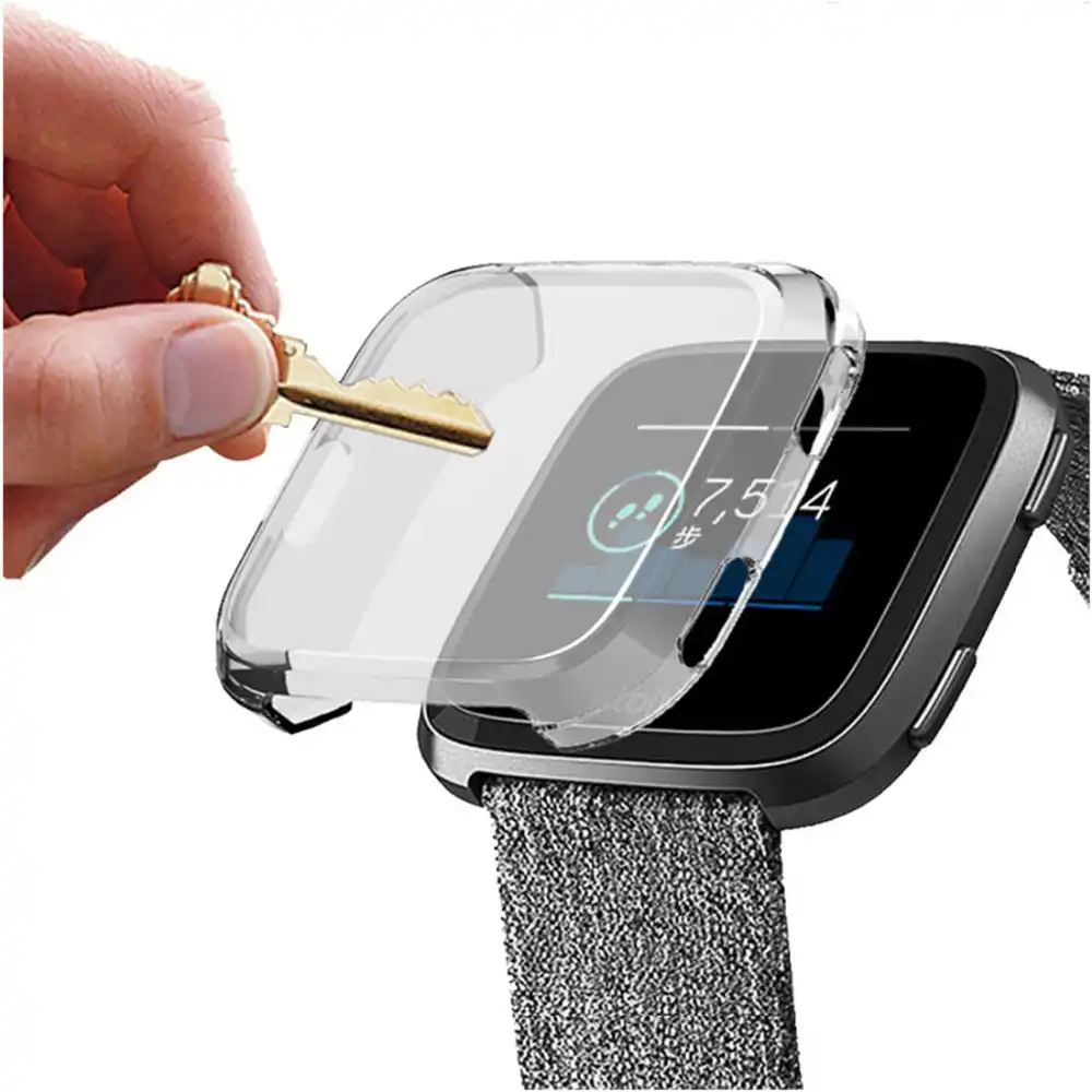 ,Talla Chico Slivery + Transparente Qeei Pure Colour Sport Correa Compatible con Fitbit Versa 3//Sense,Morado,con 2 Pack Completo Cobertura TPU Protector