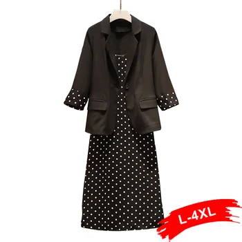 

Women Plus Size Polka Dot Stiching Cuff Sleeve Blazer+dress 2 Pieces Suits Summer Notched Collar Matching Black Ladies Coat