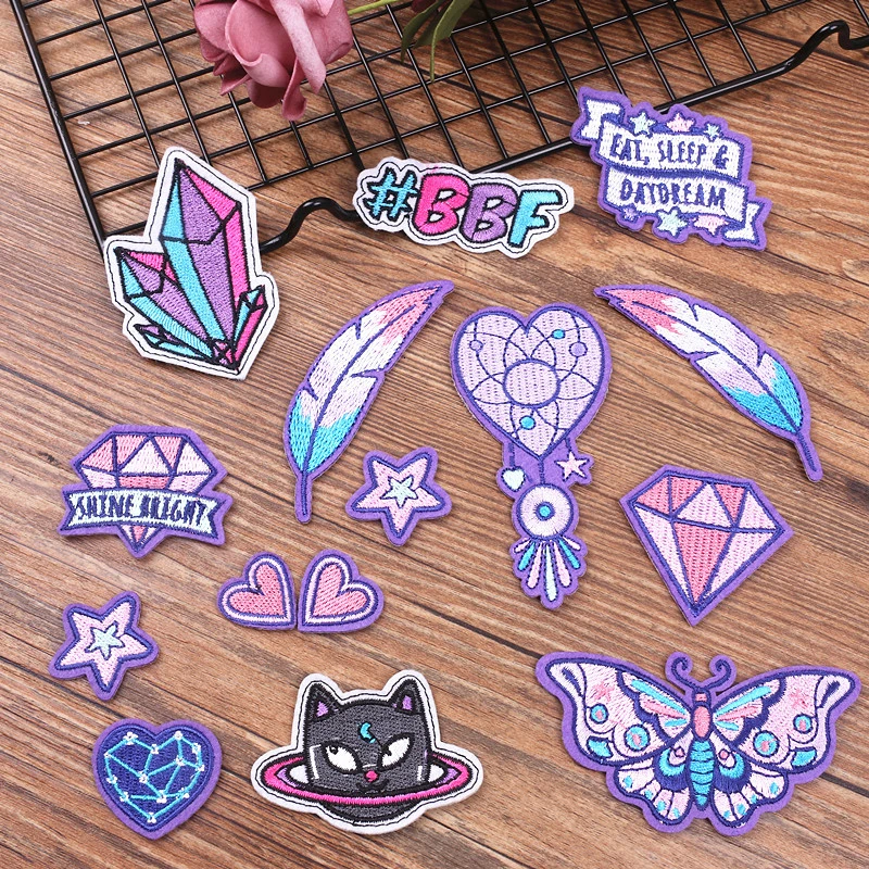

Purple Butterfly Feather Embroidery Iron On Patches For Clothes Jeans Stickers Apparel DIY Fabric Sewing Applique Praches