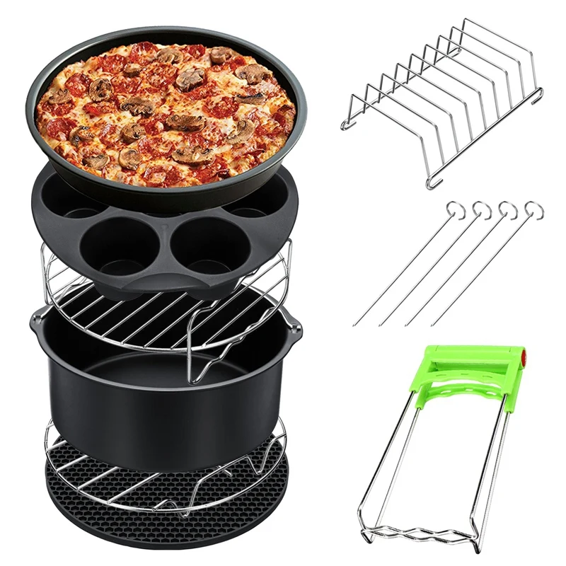 8Pcs 8 Inch Air Fryer Frying Cage Dish Baking Pan Rack Pizza Tray Pot Accessories Fit For 5.2~5.8Qt |