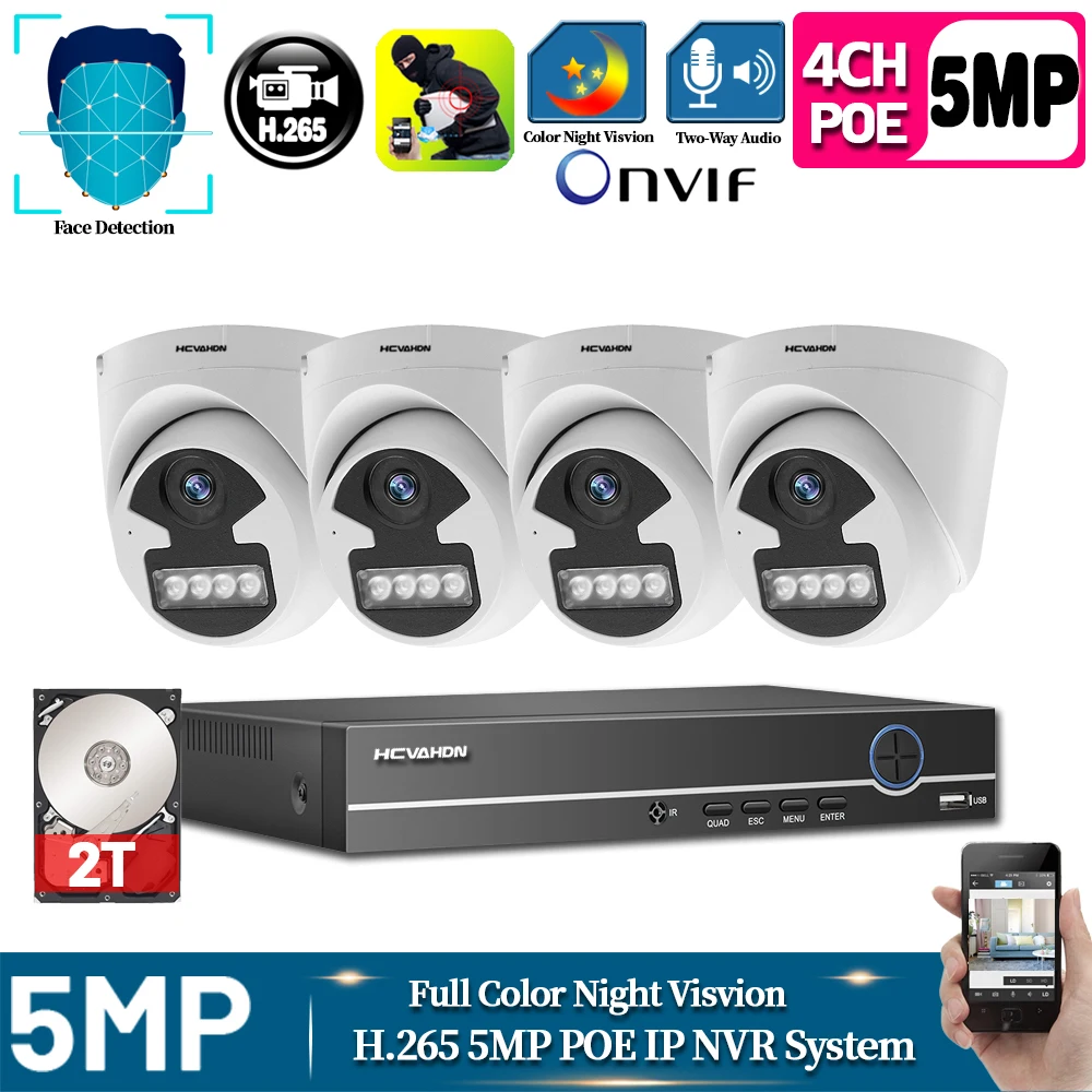 

HVCAHDN Dome 5MP NVR Kit 4CH POE Camera System Human/Face Detection Two-way Audio Ai IP Camera indoor Security Camera