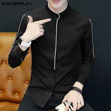 INCERUN, модная мужская рубашка, одноцветная, с длинным рукавом, для фитнеса, со стоячим воротником, вечерние, для улицы, бизнеса, соц. рубашки для мужчин, Camisa размера плюс