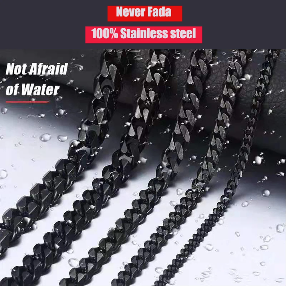

Newall Men Stainless Steel Necklace Chain Black Silver long Necklace Women Curb Cuban Jewelry 3/5/7/9/11mm wholesale jewelry