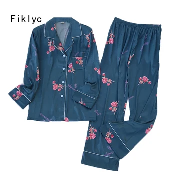 

Fiklyc underwear 2 pieces women's spring long sleeve & pants turn down collar floral print satin pajamas sets for lady home wear