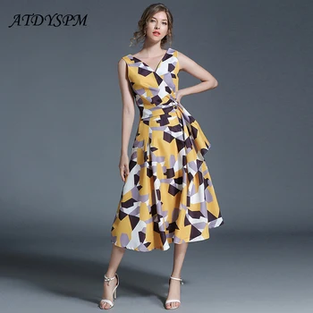 

New V-neck Geometric Printed Strap Dress Women Long Dresses Female Lace Up Sleeveless Vest A-line Dress Casual Beach Vestidos