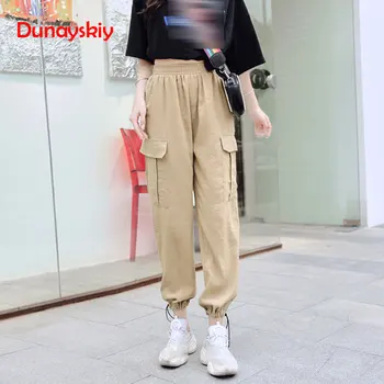 

2020 Girls Cargo Side Pockets Pants Military Army Green Elastic High Waist Camo Pants Women Sweatpants Loose Joggers Streetwear