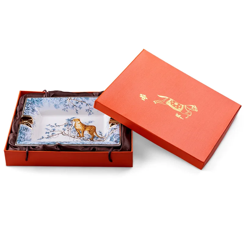 Tiger Design Europe Luxury Fine Bone China Ashtray Rectangular Porcelain Ceramic Cigar Ash Tray For Boss Father Gift |