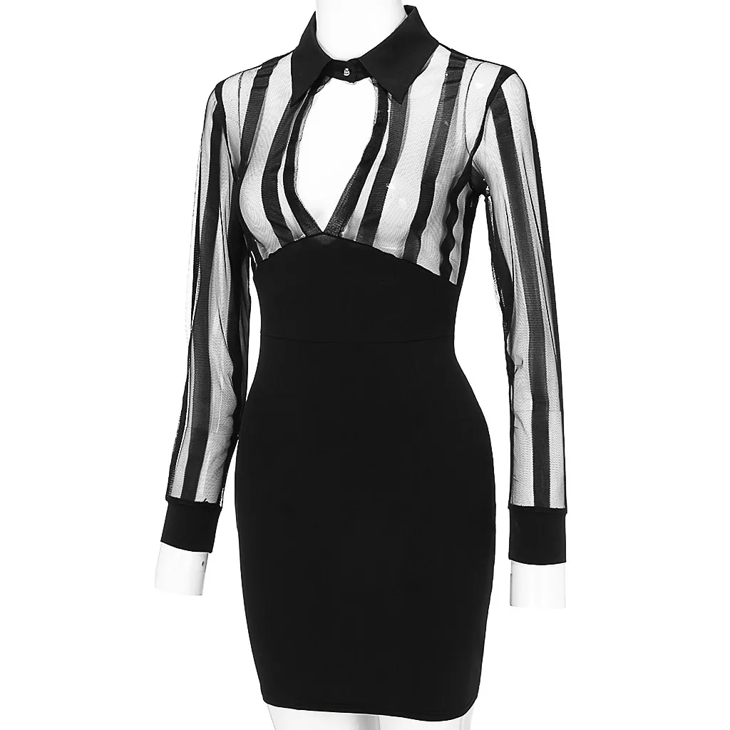 Feitong, модное женское платье, Vestidos, сексуальное, с длинным рукавом, в полоску, сетка, пэчворк, бодикон, повседневное, для работы, платье для женщин