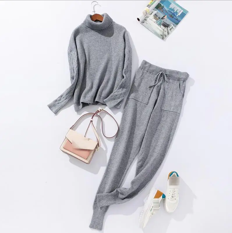 Серый Women Autumn Winter Sweater Suit Sets Fashion Thick 2PCS Track Suit Female Knitted Trousers+Jumper Tops Costume Two Piece Set - Цвет: Серый