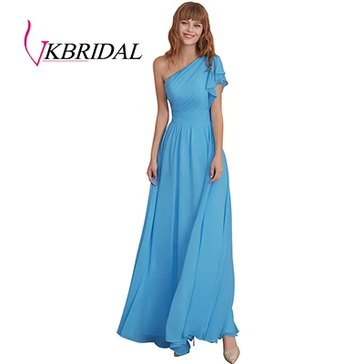 Blue VKbridal ТРАПЕЦИЕВИДНОЕ ПЛАТЬЕ больших размеров для свадебной вечеринки, выпускного бала для Juniros реальное изображение одно плечо шифоновое платье для подружки невесты длинное - Цвет: Blue