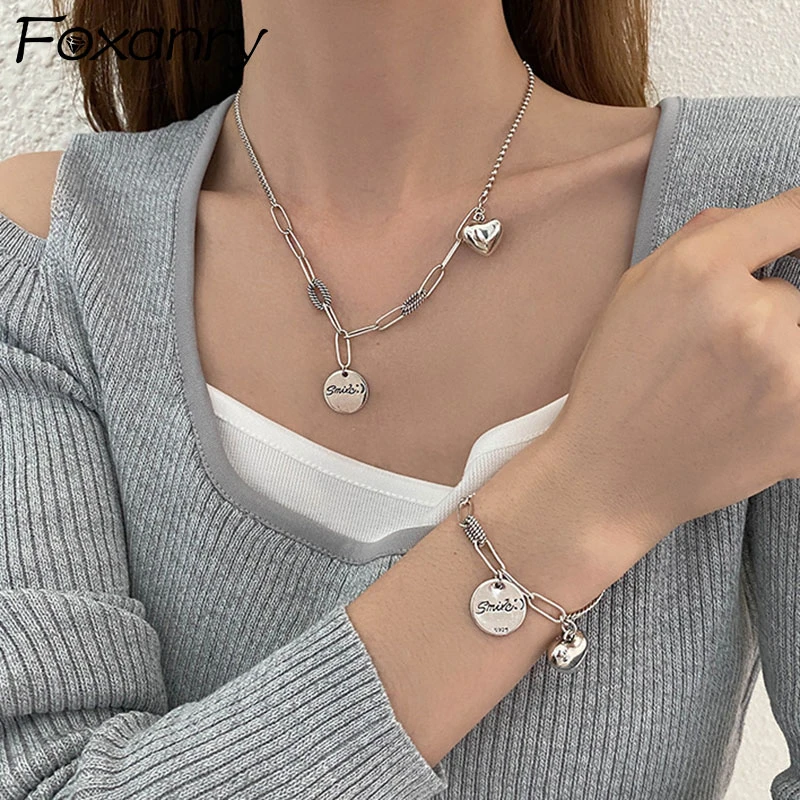 Foxanry Silver Color Necklace Bracelet Jewelry Set Fashion Hip Hop Vintage Simple Love Heart Smile Pendant Party Jewelry Jewelry Sets Aliexpress