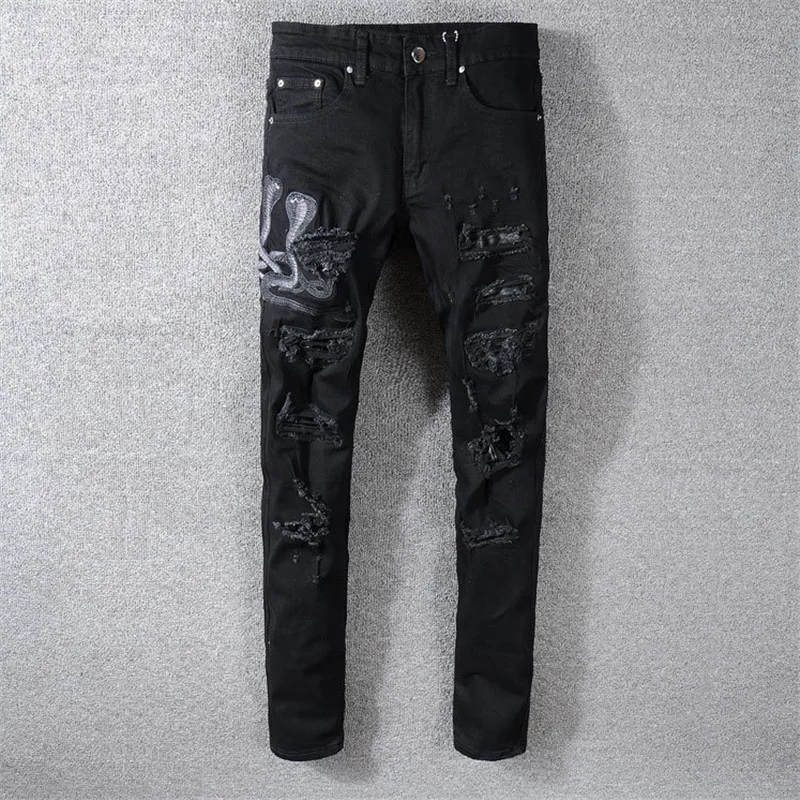 

Wholesale New Italy Style Men's Snake Embroidery Distressed Patches Leather Sneak Pants Skinny Black Jeans Slim Trousers size40