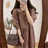 Cotton Vintage Dresses Women New Casual Cute Sweet Preppy Style Korea Japan A Line Peter Pan Collar Plaid Shirt Dress 9012 ► Photo 3/6