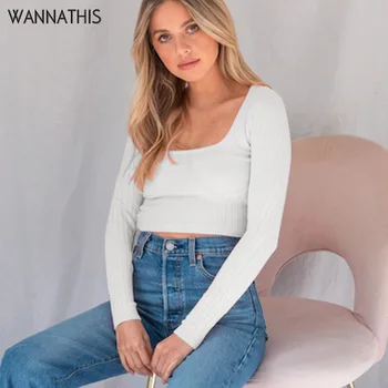 

WannaThis Square Collar Long Sleeve Splice T-Shirts Solid Crop Top Women Autumn Slim Elastic Sexy Fashion Casual Cropped Top New