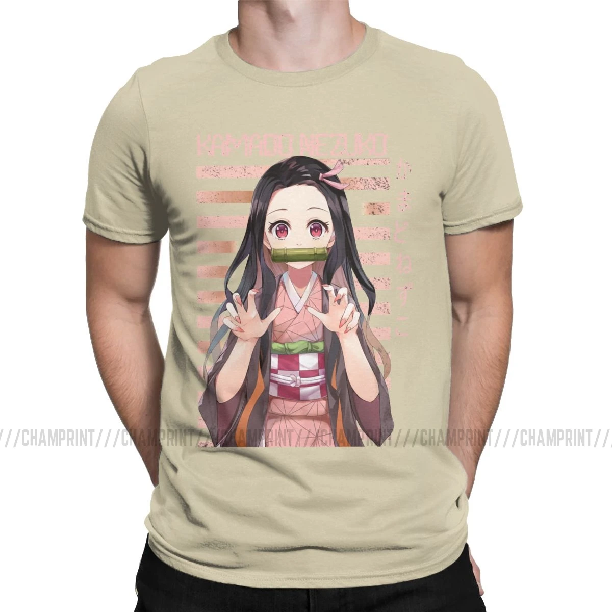 Kamado Nezuko T Shirts Men Cotton Funny T-Shirt Demon Slayer Kimetsu No Yaiba Tanjirou Anime Manga Tees Short Sleeve 6XL - Цвет: Бежевый