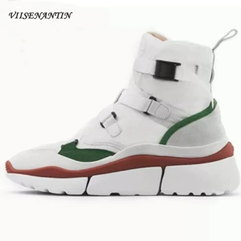 

Genuine Leather High-top Woman Casual Sports Shoes Spring Autumn Med Lace-Up Mixed Color Designer Brand Shoes 2021 New Arrivial