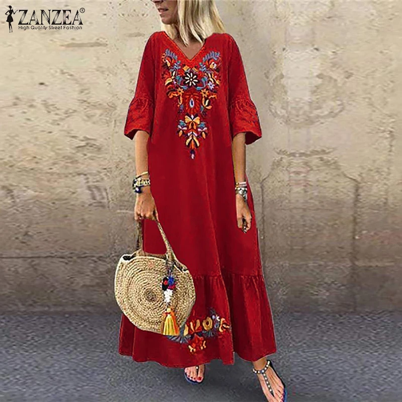 Bohemian Printed Maxi Dress ZANZEA Women's Sundress Summer Casual V-Neck Ruffle Vestidos Female Short Sleeve Floral Robe