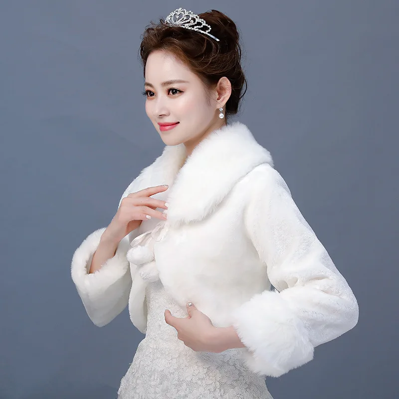 Накидка из искусственного меха с длинным рукавом, шаль для женщин, зимнее теплое пальто, белая накидка из искусственного меха для подружек невесты, свадебное болеро, куртка