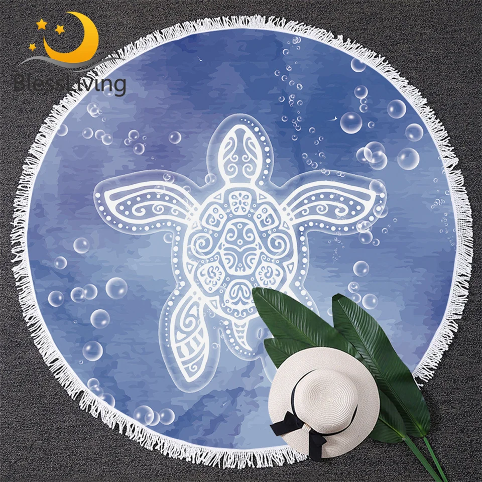 

BlessLiving Sea Turtle Round Beach Towel Tortoise Tapestry Watercolor Picnic Mat 150cm Bubbles Marine Style Blue Toalla Blanket