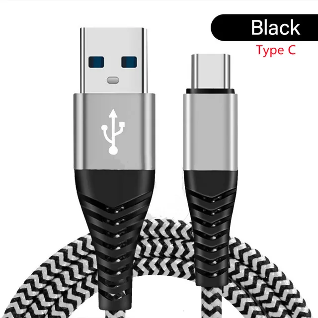3A Fast Charging Type C Cable Charger Nylon Data Cord Micro USB Cable Android Mobile Phone Cable For Huawei Samsung S20 XiaoMi 9 Type-C Black