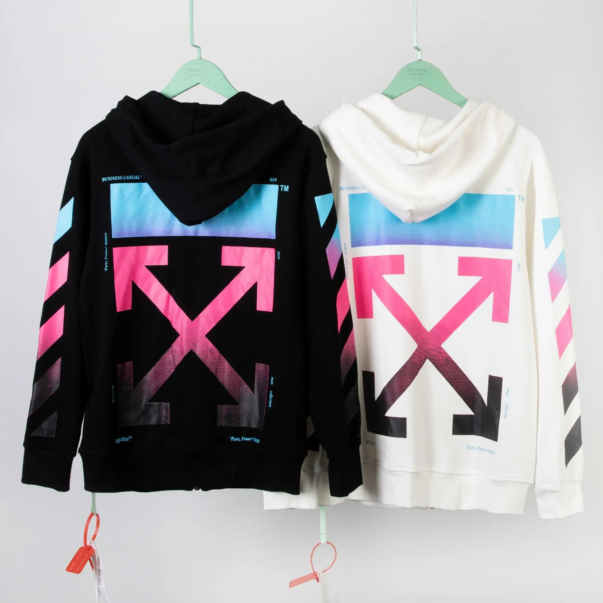 OFF-WHITE W высококачественный осенне-зимний градиентный цветной Мужской свитшот на молнии с капюшоном