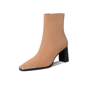 

2020 Suede leather Ankle Boots high Heels Autumn Winter Short boots woman Woman metal toe Top Quality Ladies Basic Boots