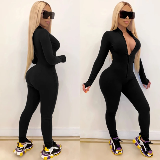 One Piece Bodysuit for Women Long Sleeve Full Ribbed Bodysuit Jumpsuit High  Waist Solid Color Zip Up Yoga Romper Clubwear