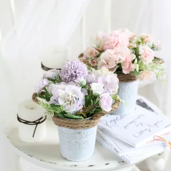 

Retro Hydrangea Rose Iron Craft Hemp Rope Bucket Simulation Bonsai Plant Set Fake Flower Craft Decor Ornaments Containing Pot