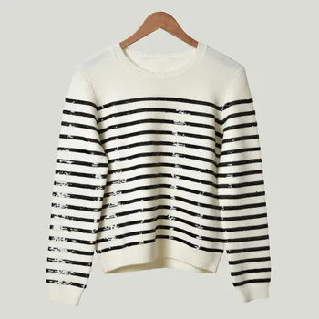 

2020 Summer Temperament Simple Stripes Sequins Round Neck Sweater Knitting Shirt Female 21009