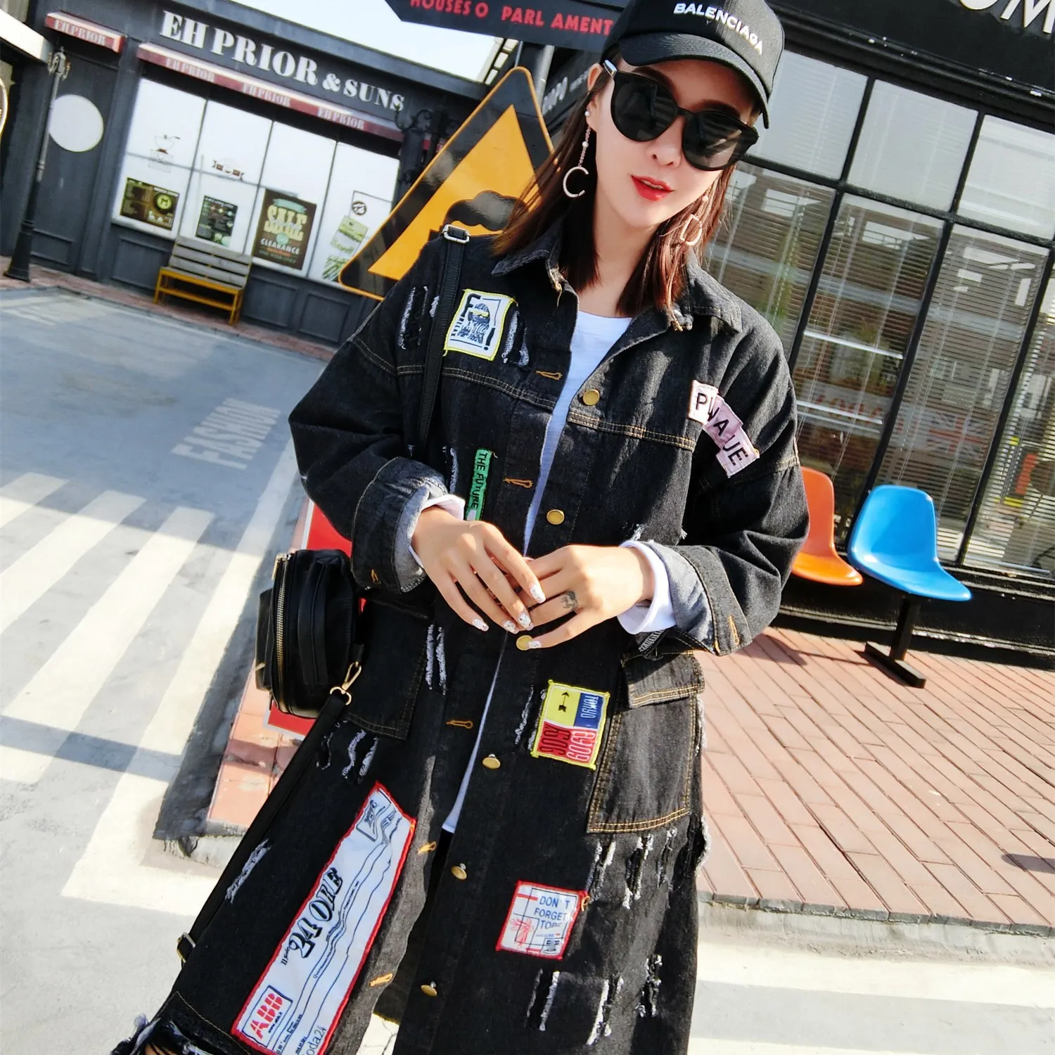 

New Style Popular Brand WOMEN'S Dress Large Size Fat Mm Autumn Clothing Cool Street Sequin Washing Denim Windbreaker Coat