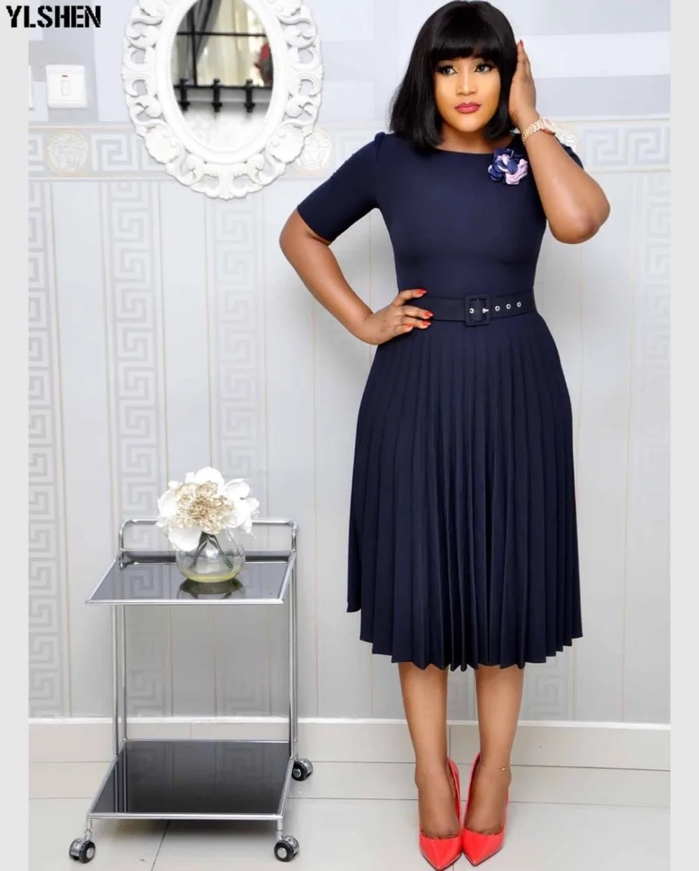 Pleated African Dresses For Women 2020 Elegent Fashion Style African Women Plus Size Polyester Knee-length Dress S-3XL 14