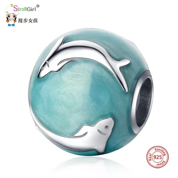 

Strollgirl Sterling Silver 925 Blue-green Enamel Dolphin Beads ocean Charms Fit DIY Pandora Bracelet Women Fashion Jewelry New