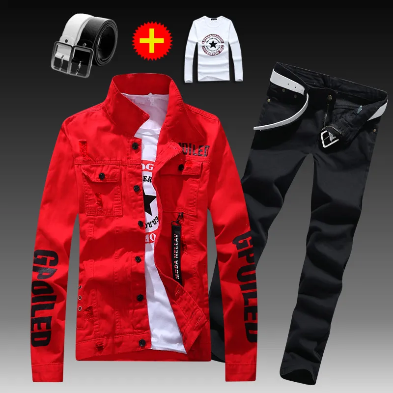 Men's Slim Fit Denim Jacket Pants 2pcs Set Long Sleeve Coats Letters Printed Casual Large Size Black White Red Boys Trousers Men's Slim Fit Denim Jacket Pants 2pcs Set Long Sleeve Coats Letters Printed Casual Large Size Black White Red Boys Trousers