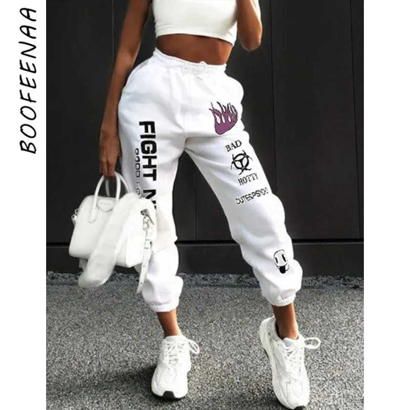 BOOFEENAA/белые спортивные штаны с буквенным принтом «граффити»; женские уличные штаны-шаровары с высокой талией; повседневные брюки; C67-AF91