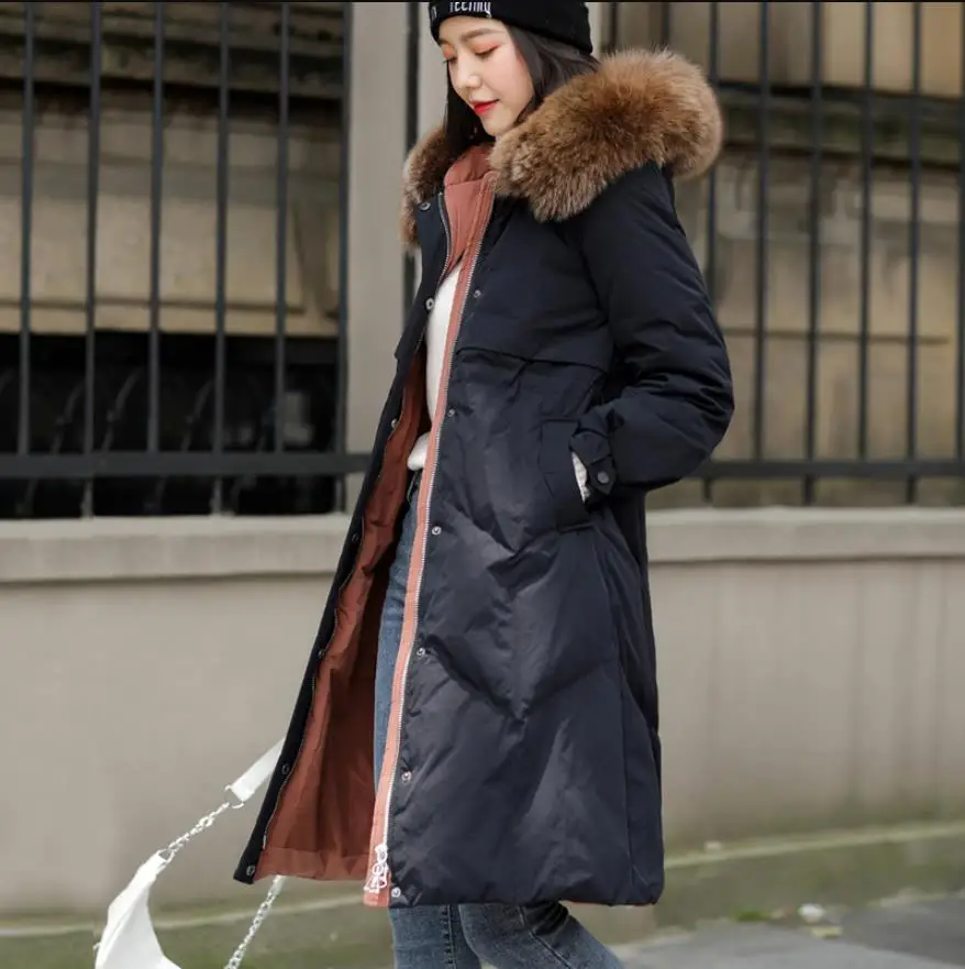 black with brown fur 3XL Большие размеры, натуральный Лисий мех, воротник с капюшоном, 90% утиный пух, пальто женские зимние, отличное качество, толстые теплые длинные, тонкие пуховики - Цвет: black with brown fur
