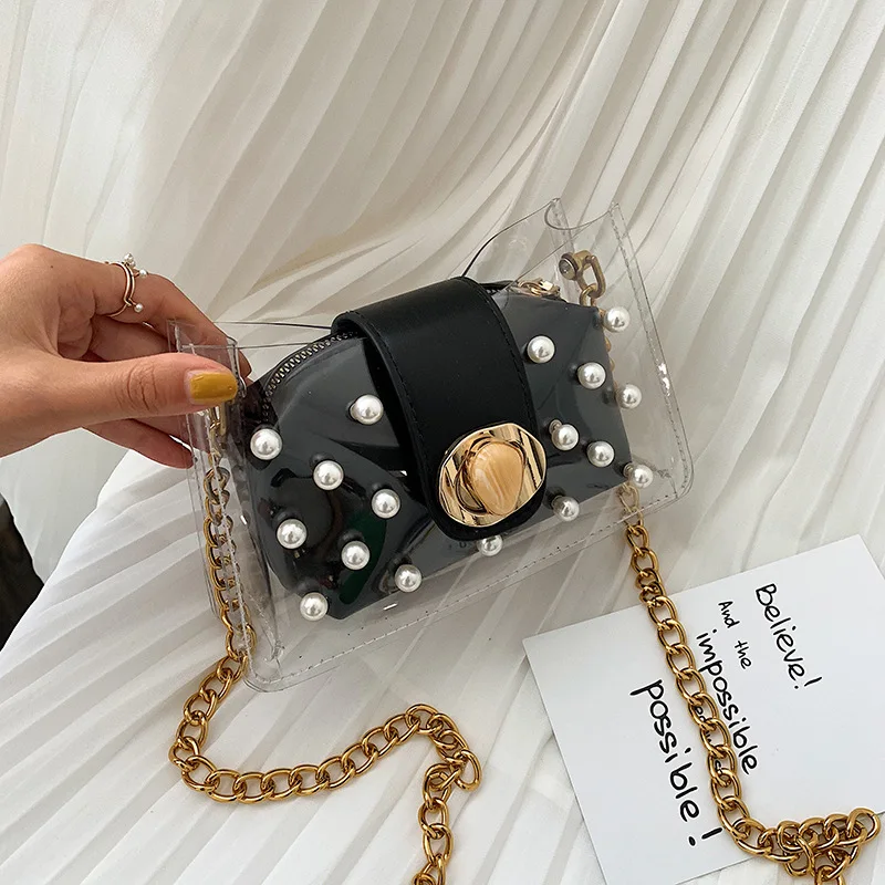 

Women 2019 new Chaohan version transparent pearl jelly bag ins chain 100 shoulder oblique span small square bag