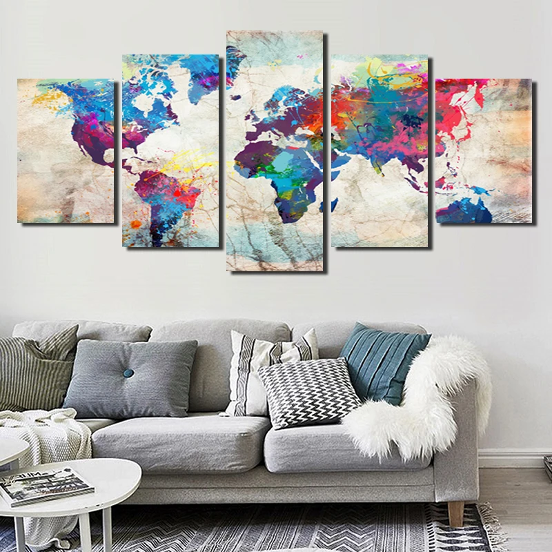 

5 Pieces World Map Canvas Print Colourful Map of The World Poster Dorm Decor Modern Wall Art Picture Painting Decoration