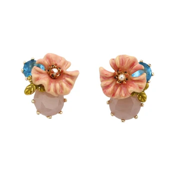 

Korean Enamel Pink Flower Small Stud Earrings for Women Cute Crystal Simulated Pearl Piercing Earrings Fashion Jewelry 2020 EH50
