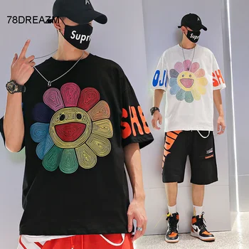 

Black Sun Flowers T Shirts Men Casual Hip Hop Tshirts Summer Japan High Street Tops Tees Cute Fashion Couple Loose White T Shirt