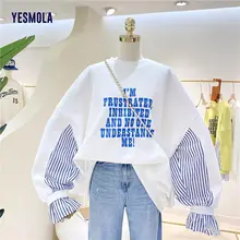 

YESMOLA Women's Hoodies Stripe Stitched Letter Print Loose Large Long Sleeve Coat Autumn Casual Hooded Tops